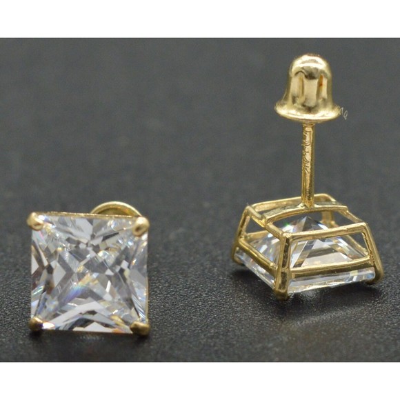 14k Solid Yellow Gold 2.00ct cz Princess-Cut Earrings ScrewBack Stud Earrings - Picture 3 of 4